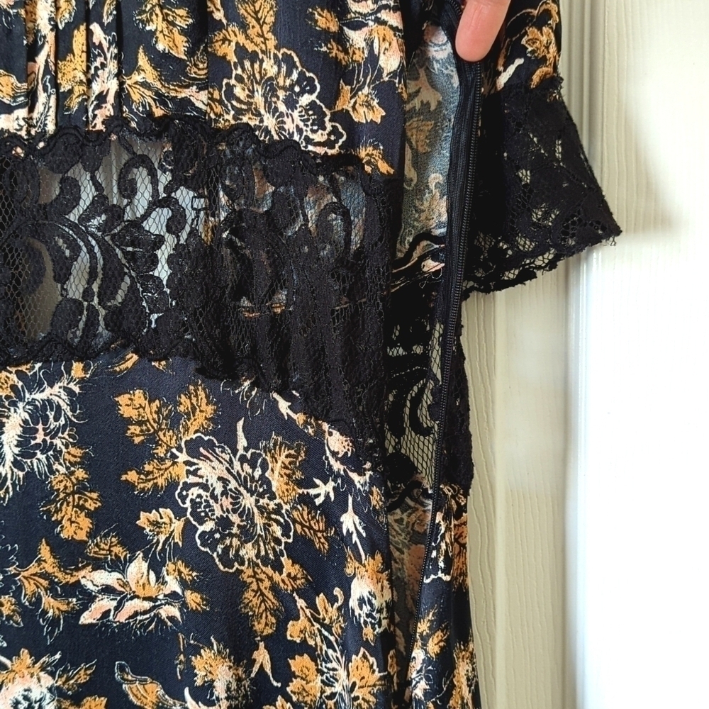 Free People Lucie Floral Scoop Neck Tied Open Back A-Line Mini Dress Black 6 - Picture 8 of 16